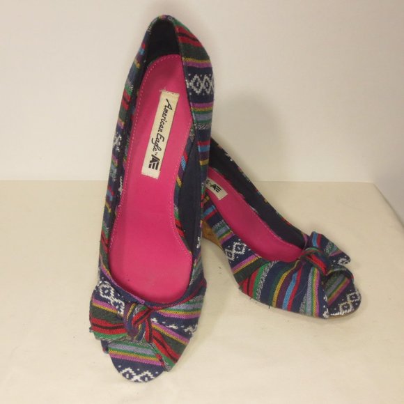 American Eagle By Payless Shoes - American Eagle Shoes Colorful Ethnic Stripe Print Fabric Peep Toe Wedges Size 8